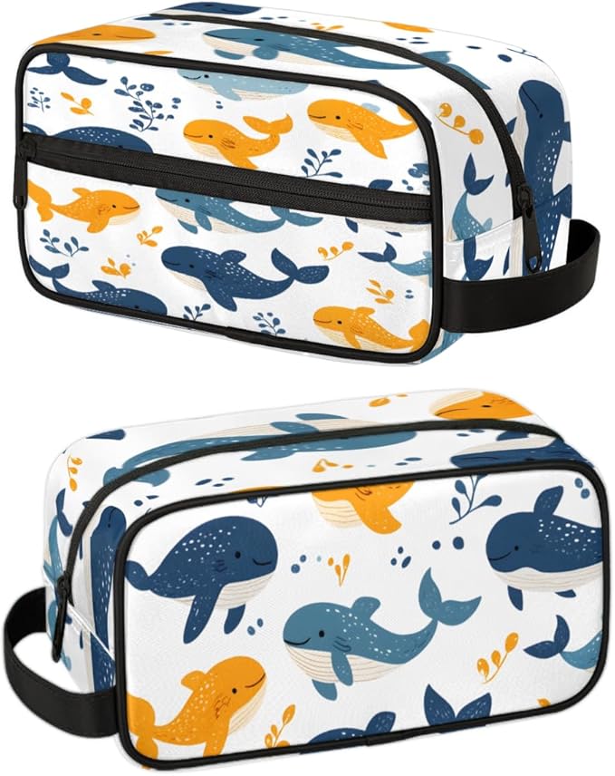 Whales And Seaweed Travel Toiletry Bag for Women, Waterproof Cosmetic Makeup Bag with PU Handle & Zipper, 2 Compartment Portable Shaving Bag for Bathroom, Gym, Business Trips