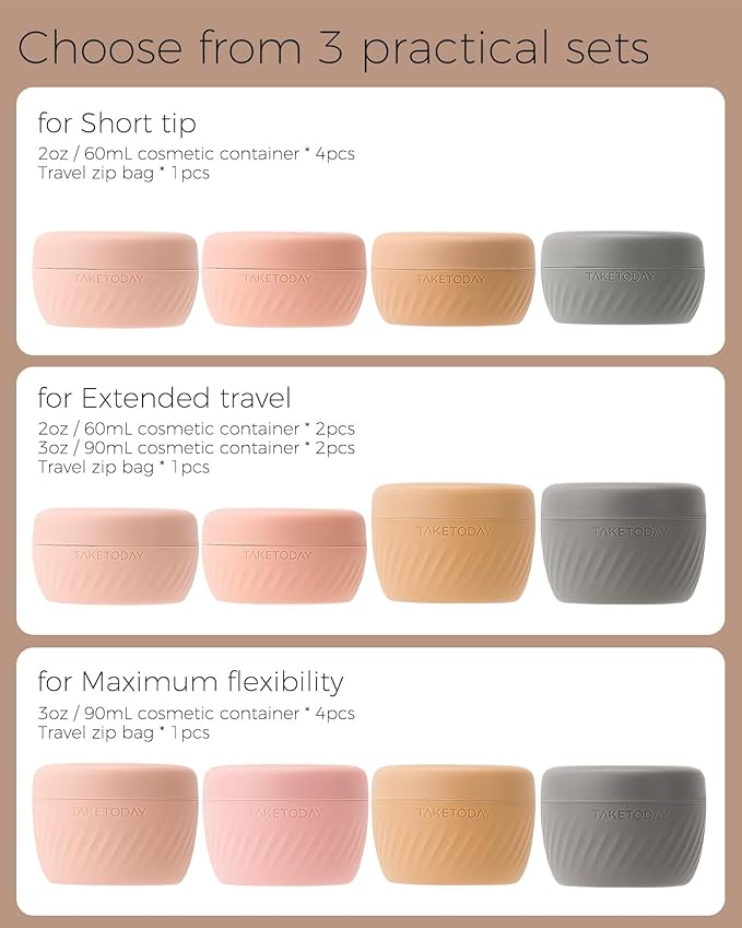 TakeToday Travel Containers for Toiletries, Leak-proof, TSA Approved, Refillable Silicone Cream Jars with Lid Travel Size Essential for Cosmetic toiletry Cream, 2 &3oz, 4 Pack (Apricot)