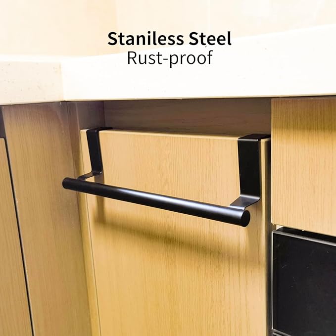 Qflushor Cabinet Door Towel Holder, Over Cabinet Towel Bar, Stainless Steel Dish Towel Holder for Cabinet Door Kitchen Towel Rack, Matte Black 2 Pack