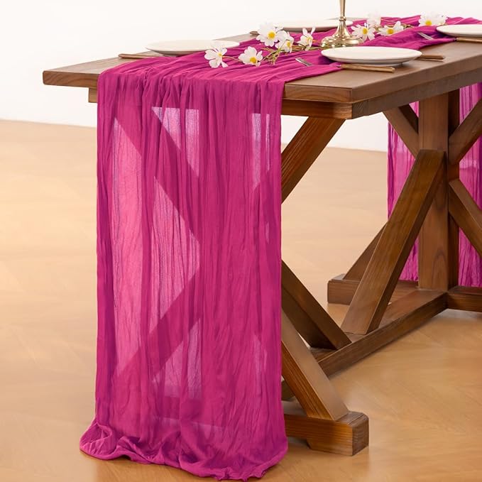 Socomi 2pcs Hot Pink Summer Cheesecloth Table Runner Boho Rustic Gauze 120 inch 10FT Cheese Cloth Sheer Runner for Wedding Party Baby Shower Birthday Home Decor
