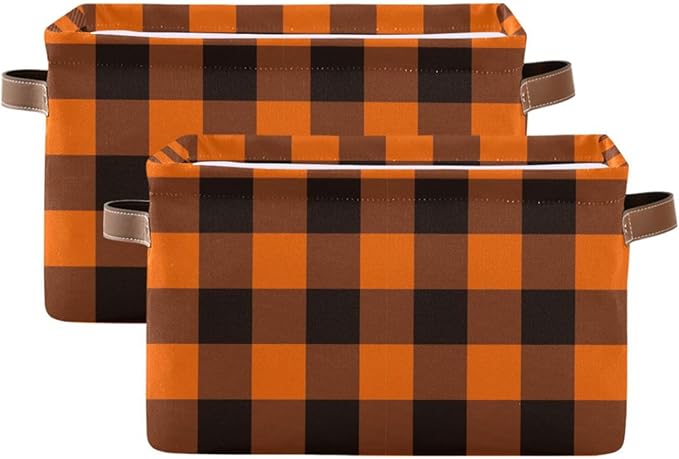 Aslsiy Storage Basket Orange Black Plaid Nursery Bins Baby Box Canvas Clothes Shelf Basket Laundry Hamper Gift Basket for Home Closet 1 Pcs
