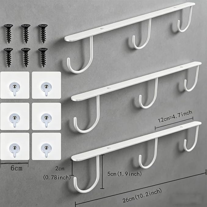3pcs Mug Hooks,Under Cabinet Mug Holder, Coffee Cups Hook,Mug Hanger Organizer Rack with 9 Hooks for Displaying Mugs, Cups and Kitchen Utensils (White)