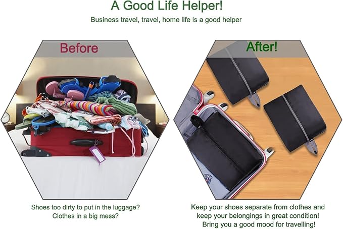 YAMIU Travel Shoe Bags Set of 2 Waterproof Nylon with Zipper for Men & Women (Black)