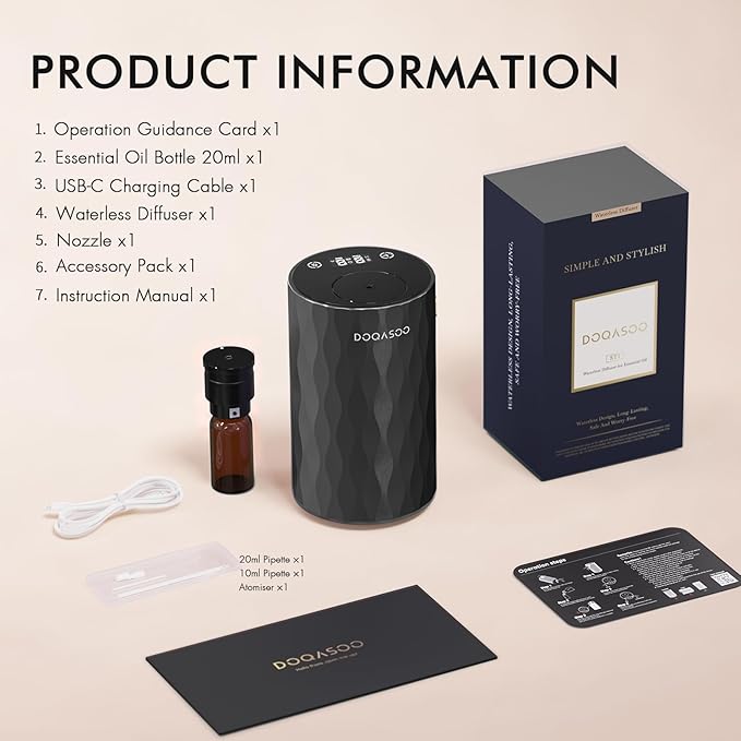 Waterless Essential Oil Diffuser - Aluminum Metal Texture, 96H Quiet Battery Nebulizer, Portable Scent Aromatherapy Diffuser with Timer & 4 Mist Levels, 20mL, Type-C for Home/Room/Car/Office