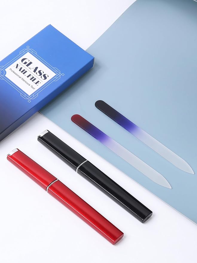 2-Pack Glass Nail File 2mm Thickness Crystal Files with Case Fingernail File for Nature Nails Double-Sided Etched Czech Glass Files for Travel Fine Grit Nail Filer Gifts Package Stocking Stuffers