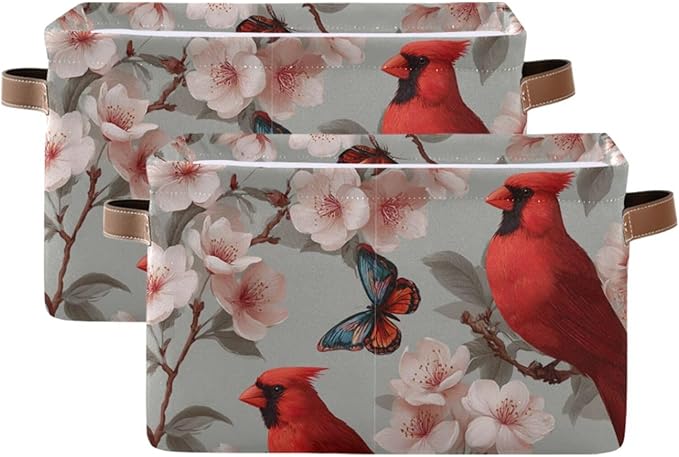 Aslsiy Storage Basket Cardinal Blooming Cherry Nursery Bins Butterfly Baby Box Canvas Clothes Shelf Basket Laundry Hamper Gift Basket for Home Closet 1 Pcs
