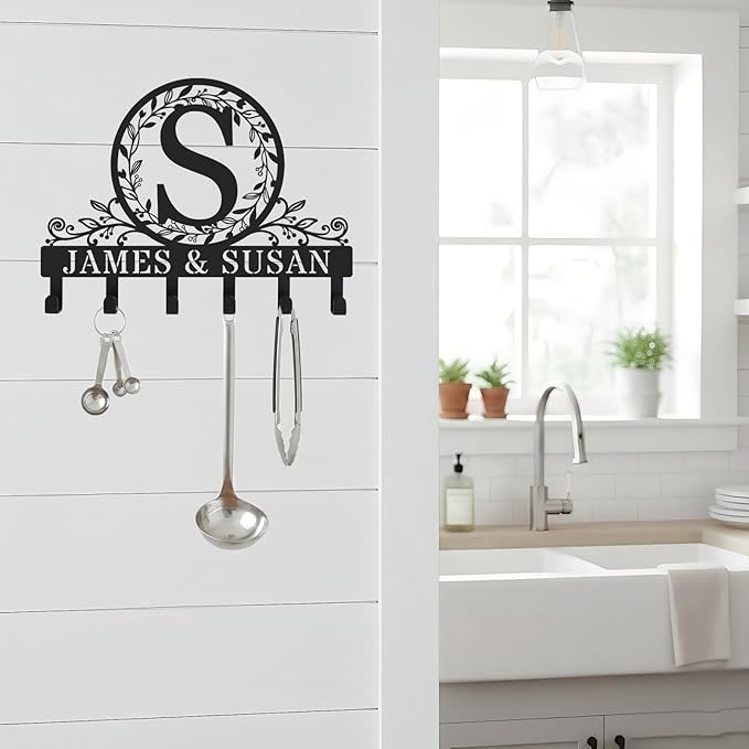 Personalized Customizable Metal Letter Key Holder for Wall, Monogram Coat Rack Wall Mount, Key Hooks for Bathroom, Living Room, Kitchen, Office, Ideal Wedding, Anniversary & Housewarming Gift (Garden)