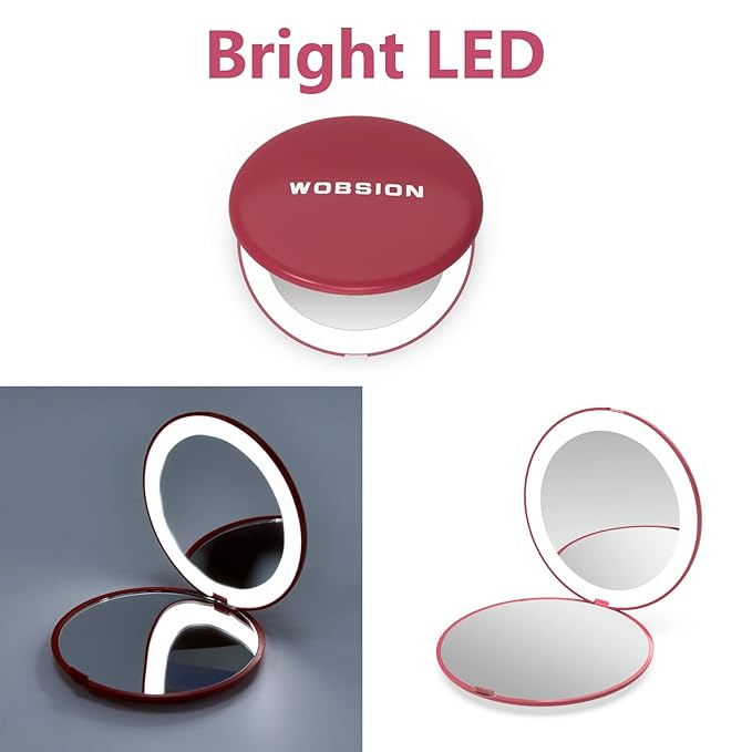 WOBSION Travel Compact Mirror,Portable 1x/10x LED Makeup Mirror with Magnification,Handheld 2-Sided Pocket Mirror, 3.5in Small Mirror for Purse,Handbag,Gift,Wine Red