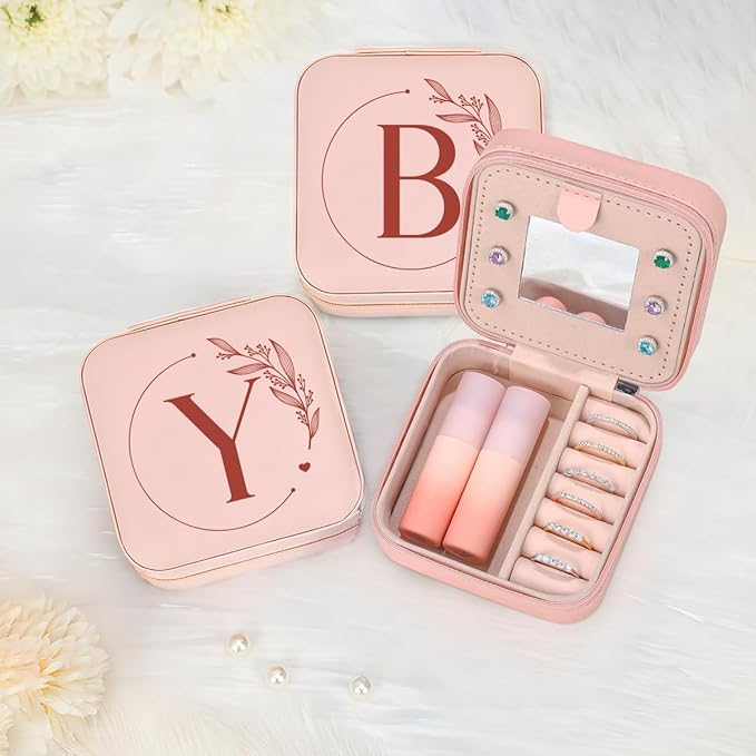 SANDJEST Personalized Jewelry Box, Pink Small Travel Jewelry Box with Initial Y, Monogrammed Jewelry Case Organizer for Girls Women Teen, Mini Travel Essentials Gifts for Christmas Birthday