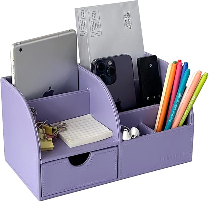 UnionBasic Desk Organizer - Multifunctional Leather Desktop Pen Holder Storage Box - Business Card/Pen/Pencil/Mobile Phone/Stationery Holder, Purple
