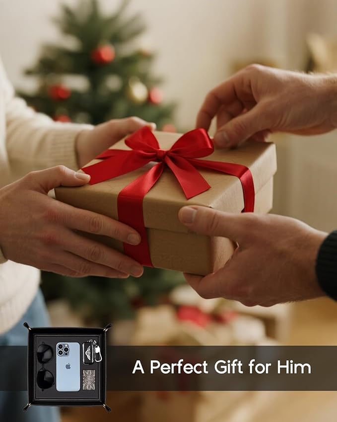 Vlando Valet Tray for Men Women, Nightstand Organizer Vanity Catchall Holder for Dresser Desk Storage Bedside, Travel PU Leather Jewelry Key Bowl Coin Watches and Candy Entryway Tray - Large, Black