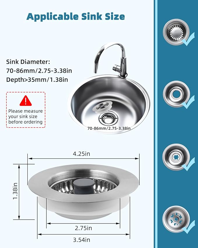 Hygie Rinse All Metal Sink Drain Strainer for Kitchen Sink 2PACK Pop Up 3-in-1 Sink Stopper Drainer with Additional 2pcs Strainers for US Standard 3-1/2 inch Drain Filter, Anti-clog