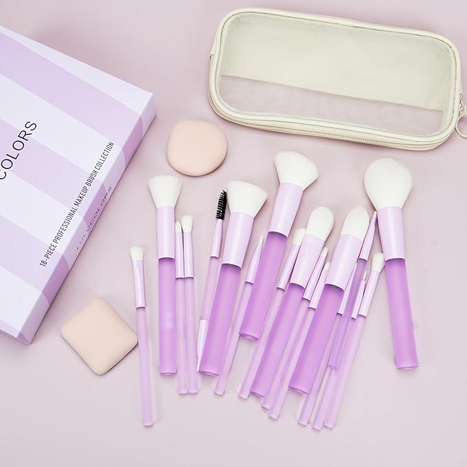 18-Piece Light Purple Professional Makeup Brush Set – Translucent Rubberized Handles, Soft Synthetic Bristles for Face & Eye Makeup–Includes Travel Bag & Sponges, Complete Brush Collection