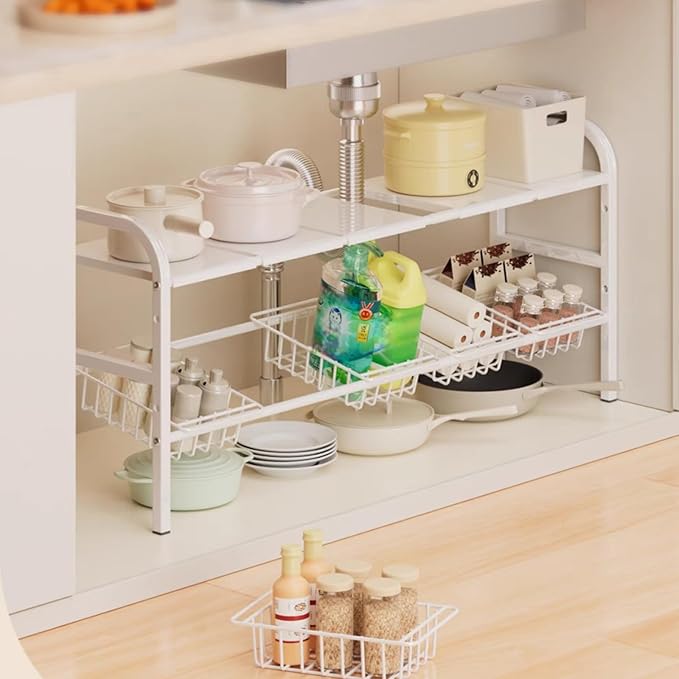 Under Sink Organizer, 2 Tier Expandable Heavy Duty Metal Shelf, with 5 Removable Panels and 5 Storage Baskets for Under Kitchen Bathroom Sink Organizers and Storage (White, Large)