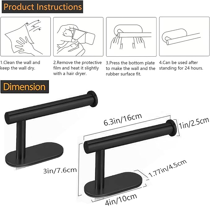 JOPOFI Toilet Paper Holder - Self Adhesive Toilet Paper Holder Wall Mount for Bathroom, Command Strip Stainless Steel Toilet Paper Roll Holder Stick On Wall, No Drilling - Matte Black(2 Pcs)
