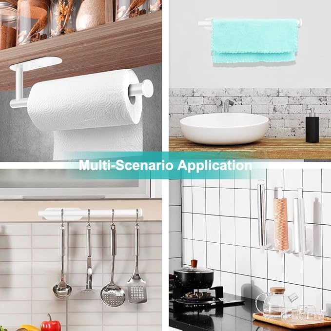 MGahyi Paper Towel Holder Wall Mount, Self Adhesive Or Drilling Paper Towel Holder Under Cabinet, 13.2 inch Stainless Steel Kitchen Paper Towel Roll Rack, Bathroom Towel Roll Hanger(Rectangle-White)