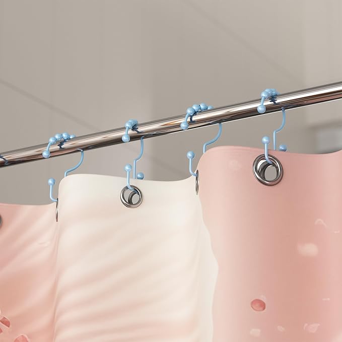 Titanker Shower Curtain Hooks, Rust Resistant Shower Curtain Rings for Bathroom, Metal Double Glide Shower Hooks Hangers for Bathroom Shower Rods Curtains, Set of 12 Hooks - Blue