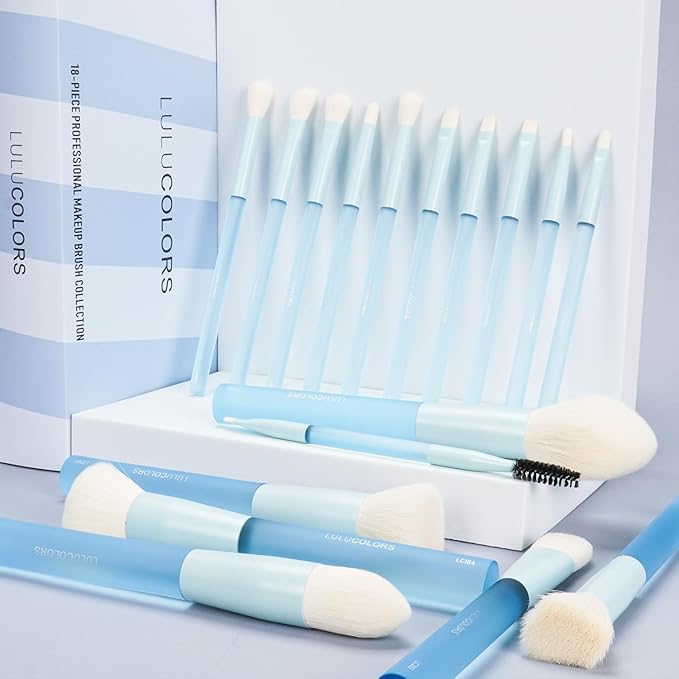 18-Piece Light Blue Professional Makeup Brush Set – Translucent Rubberized Handles, Soft Synthetic Bristles for Face & Eye Makeup – Includes Travel Bag & Sponges,Complete Brush Collection