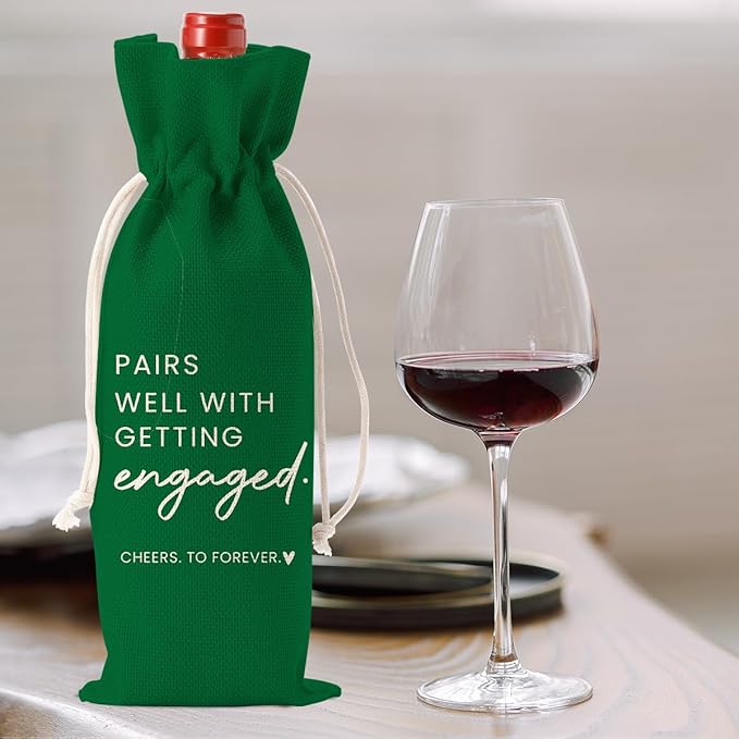 Engaged Gifts, Engagement Gifts for Couples Her, Engagement Party Decorations Gifts for Engaged Couple Wine Bag, Pairs Well with Getting Engaged Wine Bottle Bag(Green)