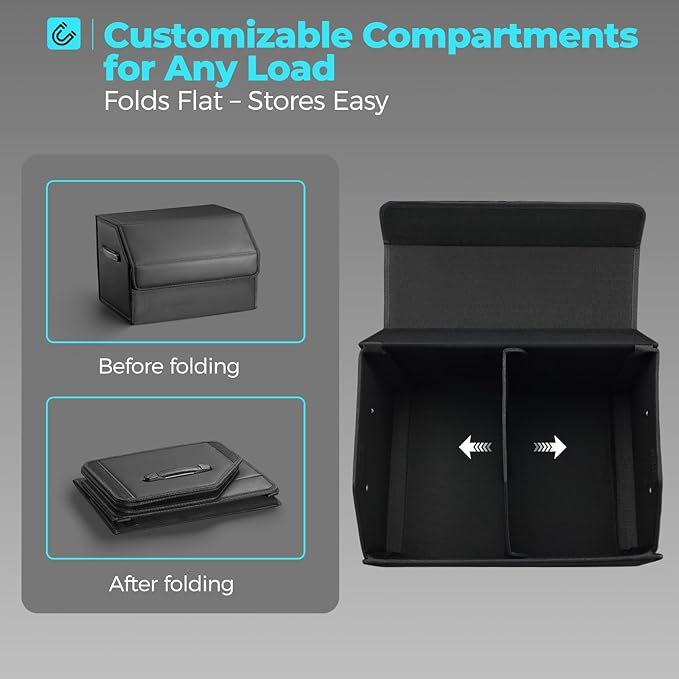Fyzeoty Car Organizers for Trunk for SUV Sedan, Leather Storage Box, Magnetic Lid, Collapsible and Adjustable, 16.5 inches