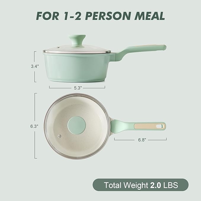 SENSARTE Ceramic Nonstick Saucepan with Lid 1.5 Quarts, Small Kitchen Cooking Pot with Stay Cool Handle, Induction Compatible, Ceramic Coating, Free of Intentionally Added PTFE/PFOA/PFAS, Green