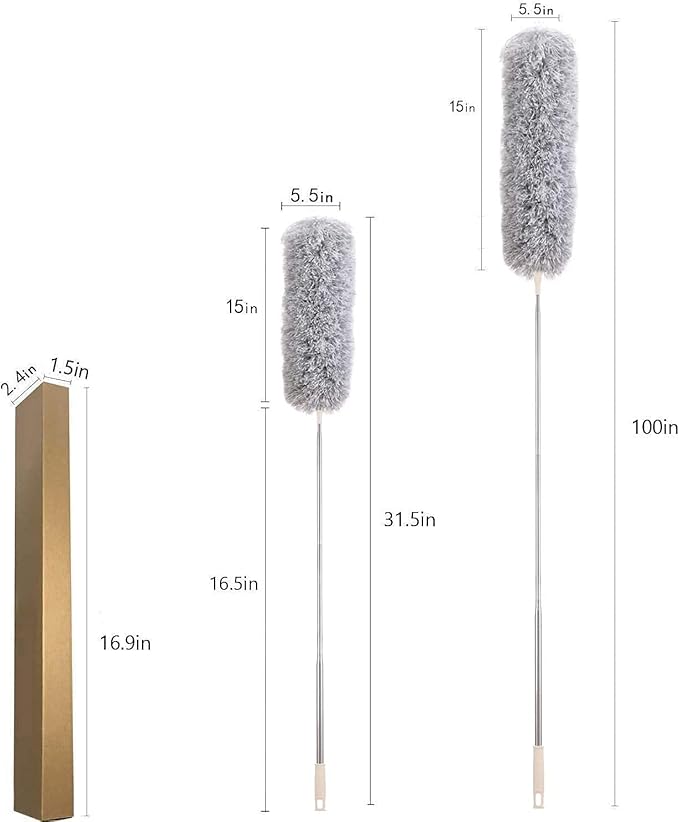 Dusters for Cleaning High Ceiling Fans, Newliton Microfiber Feather Duster with 30'' to 100'' Telescoping Extension Pole, Long Extendable Duster for Home, Car, Furniture, Cobweb, Gray