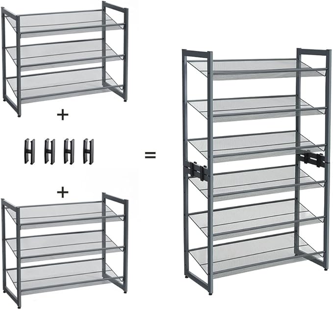 SONGMICS Shoe Rack, 3-Tier Shoe Organizer, Metal Shoe Storage for Garage, Stackable Shoe Shelf, with Adjustable Flat or Angled Shelves, 9-12 Pairs, Charcoal Grey ULMR03GB