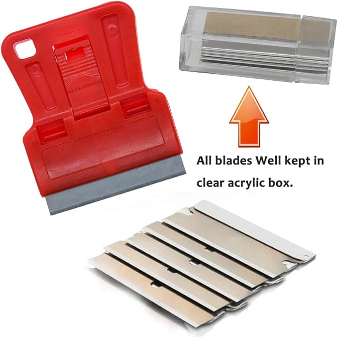 Mini Plastic Razor Blade Scraper High Visibility Red Window Paint Scraper with 5 Spare Metal Razor Blades - Stove Top, Wallpaper Sticker Decal Residue Label Removal