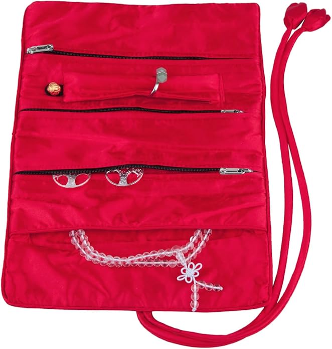 TUMBEELLUWA Embroidery Travel Jewelry Bag Roll Embroidered Flower and Bird Brocade Organizer with Tie Close