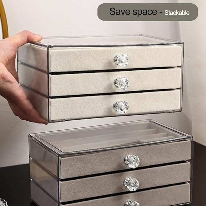 SPAKOWN Earring Box Holder Organizer Display Case, Clear Velvet Jewelry Storage Tray Organizer for Earring Ring Stud (Beige - 5 Drawers)