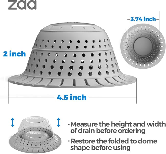 zaa Bathtub Drain Hair Catcher, Premium Silicone Shower Hair Catcher, 1 Pack Collapsible Hair Stopper for Pop-Up and Regular Drains of Showers, Bathtubs, Bathroom Sinks, Bathroom Fixture Accessories, Gray