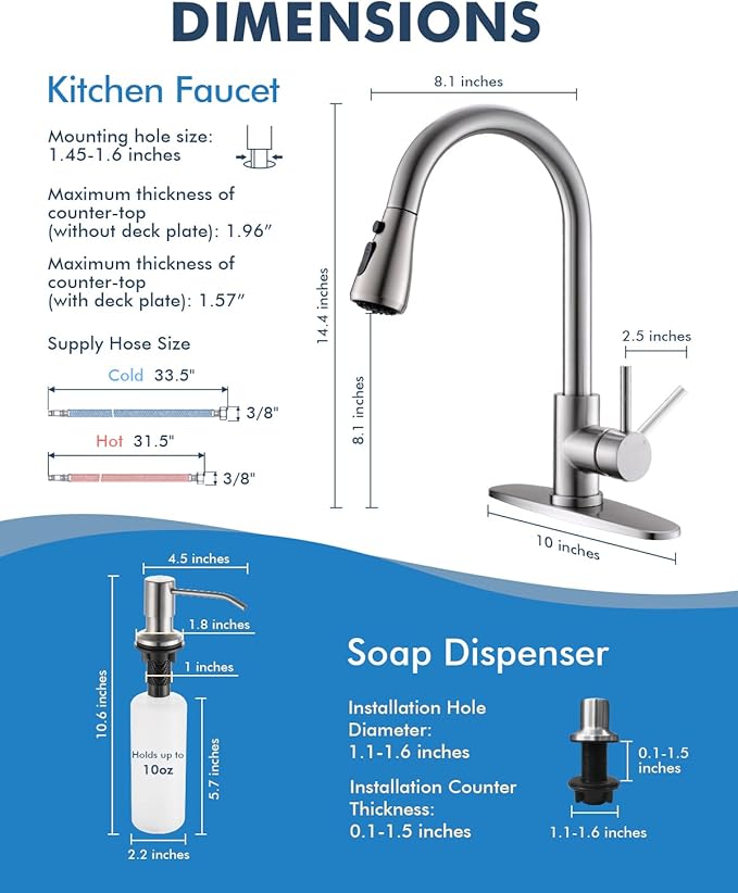 VFAUOSIT Kitchen Faucets with Pull Down Sprayer, RV Bath Faucets, Shower Faucet with Soap Dispenser for Sink Faucet 1 or 3 Hole, Suitable for Farmhouse Camper Laundry Rv Bar
