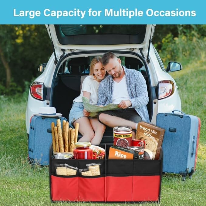 Simple Deluxe Trunk Organizer for Car/SUV/Truck, Collapsible 2 Compartment 50L Automotive Storage Box with 5 Pocket, 600D Waterproof Oxford Polyester, Anti-slip & Leak-proof, Red New