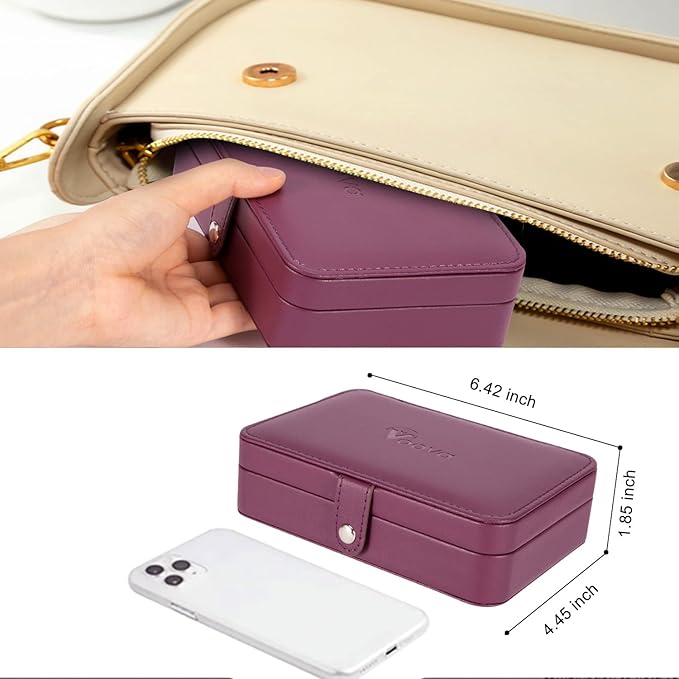 Voova Small Jewelry Organizer Box, Travel Jewelry Case for Women Teen Girls, Mini PU Leather Portable Jewellery Storage Boxes Holder with Smart Earrings Plate for Necklaces Rings Bracelets, Purple