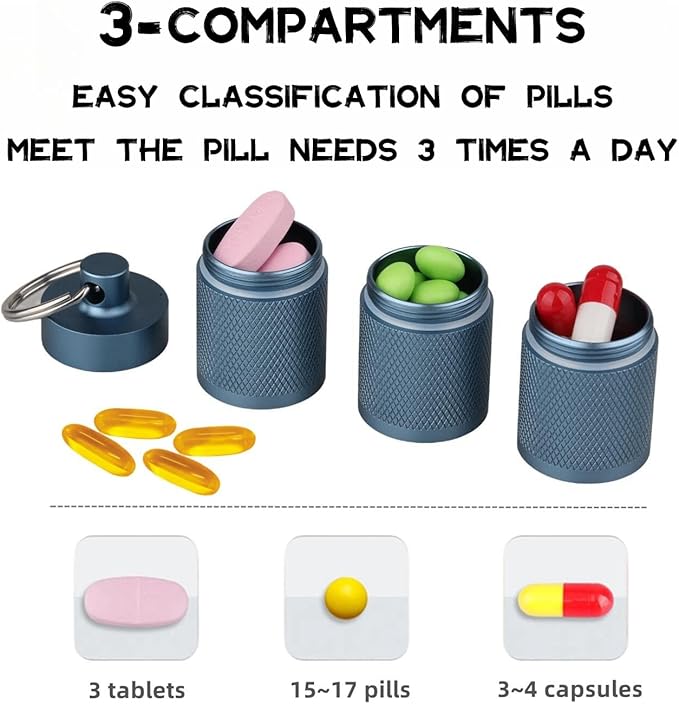 Waterproof Keychain Pill Holder - Compact, Portable, and Secure Pill Box with 3 Compartments - Pocket-Sized Pill Case and Container for Daily Medication on The Go, Blue