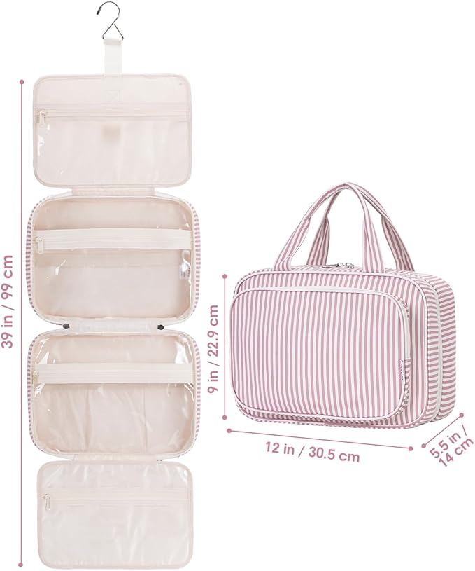 Narwey Striped Travel Toiletry Bag for Women Large Hanging Makeup Bag Organizer Toiletries Bag for Full Size Essentials Accessories Cosmetics (Dusty Pink Stripe (Large))