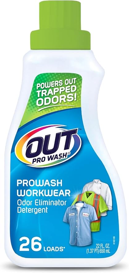 OUT ProWash Workwear Stain Remover Laundry Detergent and Odor Eliminator, Great for Work Clothes, Uniforms, Active Wear, and More, Made in the USA, 22 Ounce Bottle, 6-Pack