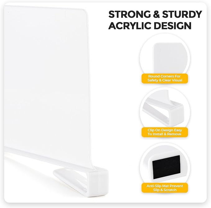 JOY DECOR 12 Pack Acrylic White Shelf Dividers for Closets Organizer and Storage Adjustable Vertical Wood Shelf Closet Separators for Clothes, Book, Bags in Bedroom and Kitchen