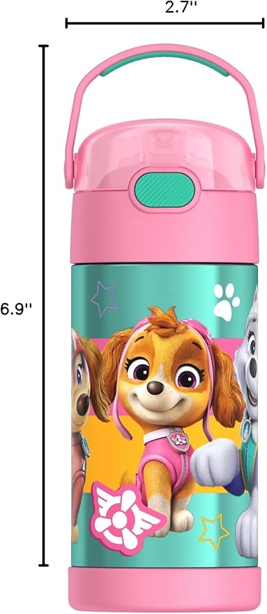 THERMOS FUNTAINER Water Bottle with Straw - 12 Ounce - Kids Stainless Steel Vacuum Insulated Water Bottle with Lid, Paw Patrol Girl