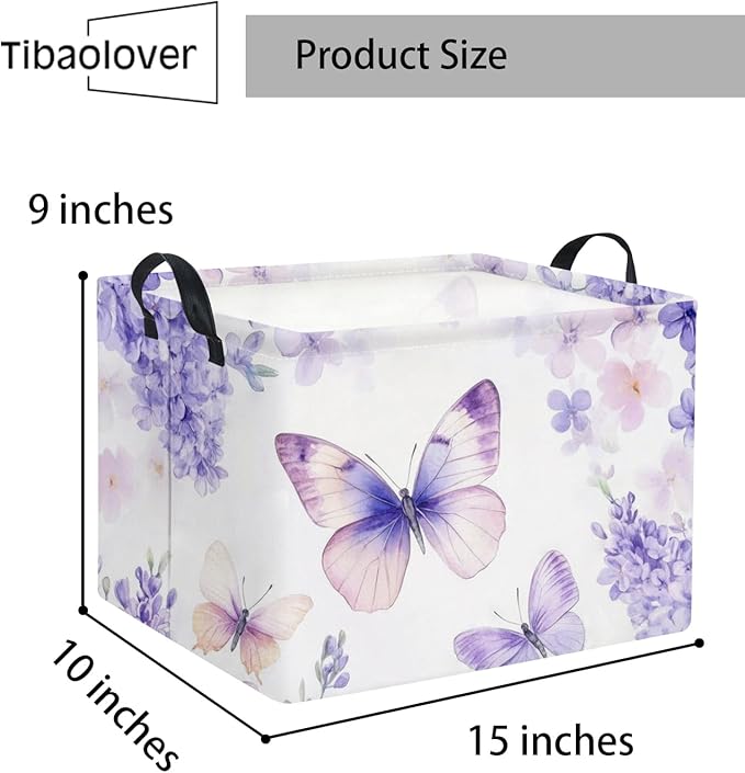 Rectangular Kids Storage Basket Baby Storage Basket with Handles for Home Kitchen Boys and Girls Cute Toy Storage Bin Organizer Shelf Book Room Decor(Purple Butterfly)