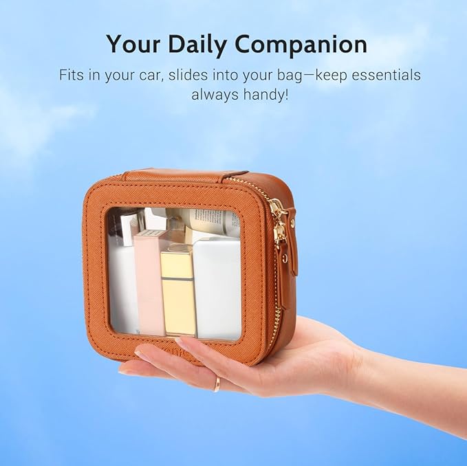 Aveniee Mini Clear Makeup Bag, Small Cosmetic Bags Travel Toiletry Pouch Organizer, TSA Approved Makeup Case with Zipper, Car Bag for Essentials, Brown