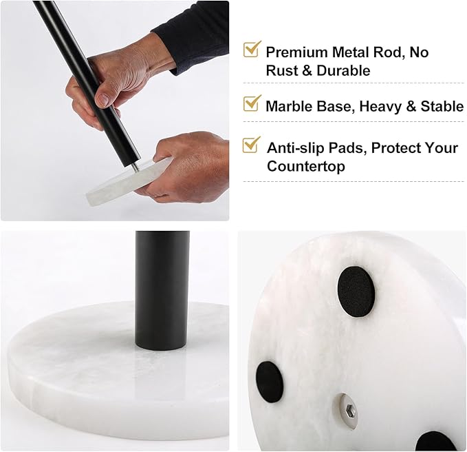 Koville African Genuine Marble Paper Towel Holder Countertop, Metal Rod 6" Marble Base Paper Towel Holder Stand for Kitchen Organization and Storage, Fit for Standard Size Rolls