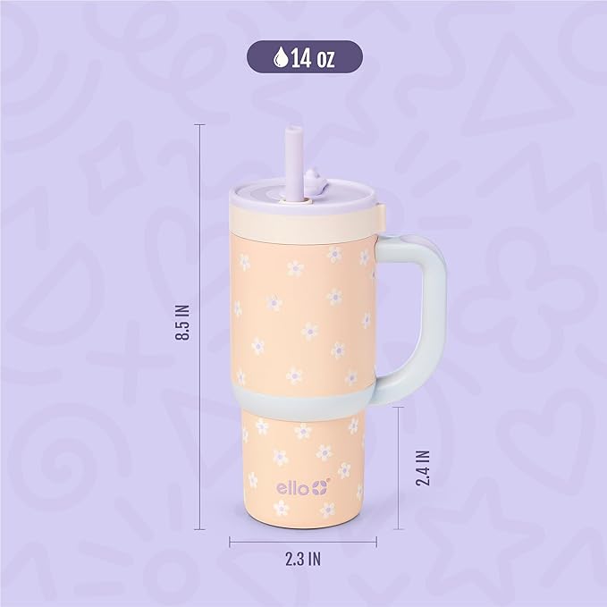 Ello Oasis 14oz Stainless Steel Toddler Tumbler with Handle & Retracting Straw, 100% Leakproof, Double-Wall Vacuum Insulated, Kids Water Bottle for School, BPA Free, Dishwasher Safe, Orange Daisies