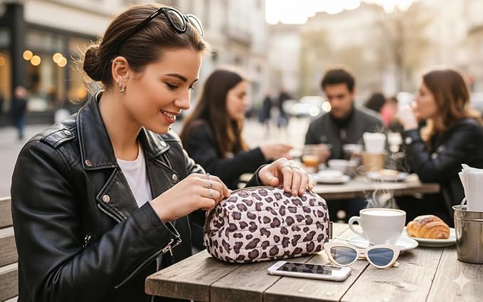 BAGSMART Makeup Bag Travel Toiletry Bag, Puffy Padded Makeup Bags for Women Makeup Organizer Case, Wide-open Pouch Purse Travel Essentials Toiletries Accessories Brushes, Leopard