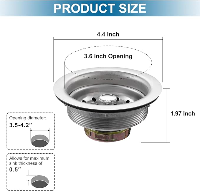 ZM Kitchen Sink Stainless Steel Basket Strainer with Drain Assembly, 3-1/2 Inch Sink Drain Stopper Plug