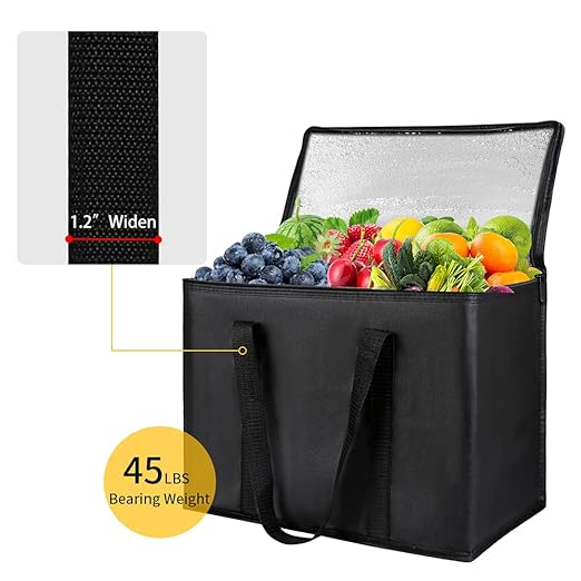 1-Pack Insulated Reusable Grocery Bags, X-Large Insulated Food Delivery Bag for Drivers/Catering/Rideshare, Commercial Food Warmer for Shopping, Tote Cooler Bags, Black