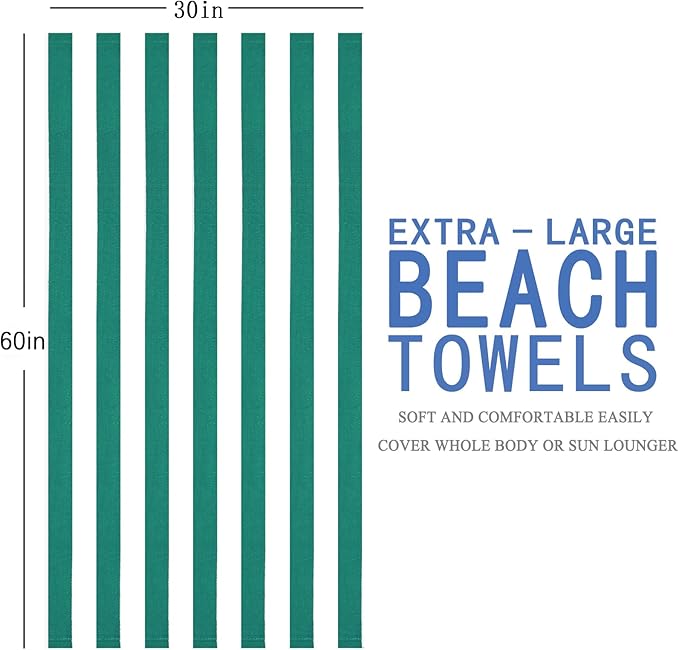 Genovega 6 Pack Stripe Beach Towel Thin Terry Set Oversized Clearance Pool Accessories Essentials Extra Large XL Big Soft Super Swim Bath Camping Towels for Girls Men Women Adults Gift Green