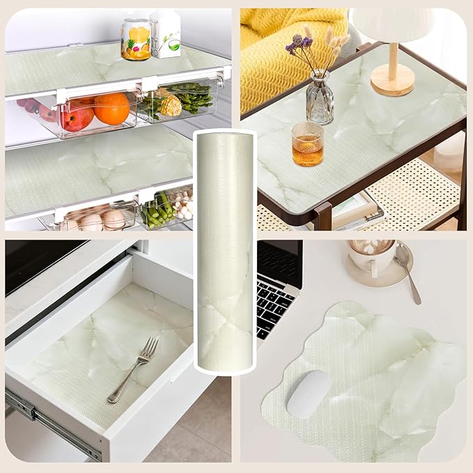 2-Layer Drawer and Shelf Liner for Kitchen Cabinet: 17.3in X 20Ft Non Slip Waterproof Shelf Paper Non Adhesive Refrigerator Liners Cyan Marble Easy Liners for Bathroom with Knife Tape Measure