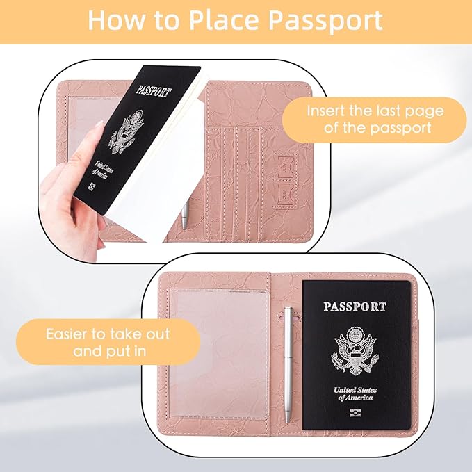WALNEW Passport Holder for Travel, RFID Passport Cover Wallet for Women Men, PU Leather Passport Book Card Holder Case with Pen (Upgraded, Upgraded-B-Pink)