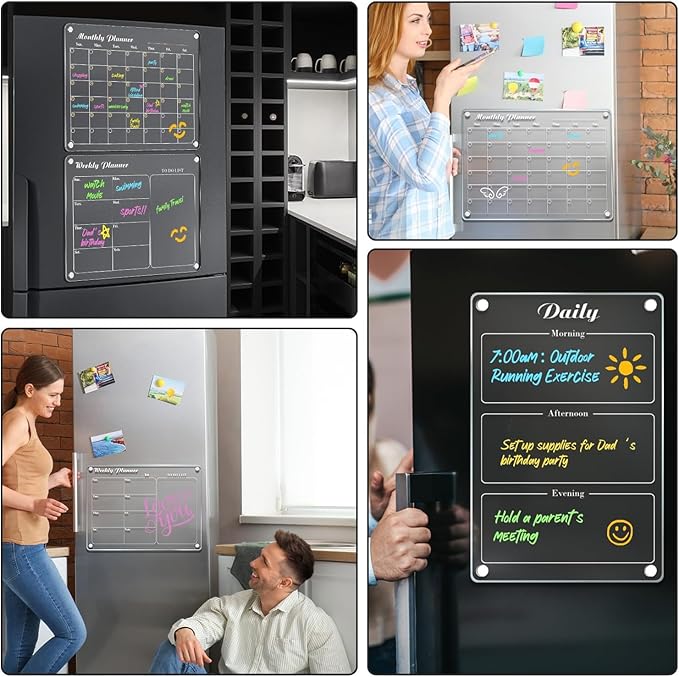 DIYMAG Magnetic Calendar for Refrigerator 3 PCS Dry Erase Whiteboard 15.2"x11.2" Magnet Fridge Monthly Weekly White Board Planning Acrylic Clear Apartment Decor Meal Planner with 6 Colors Markers